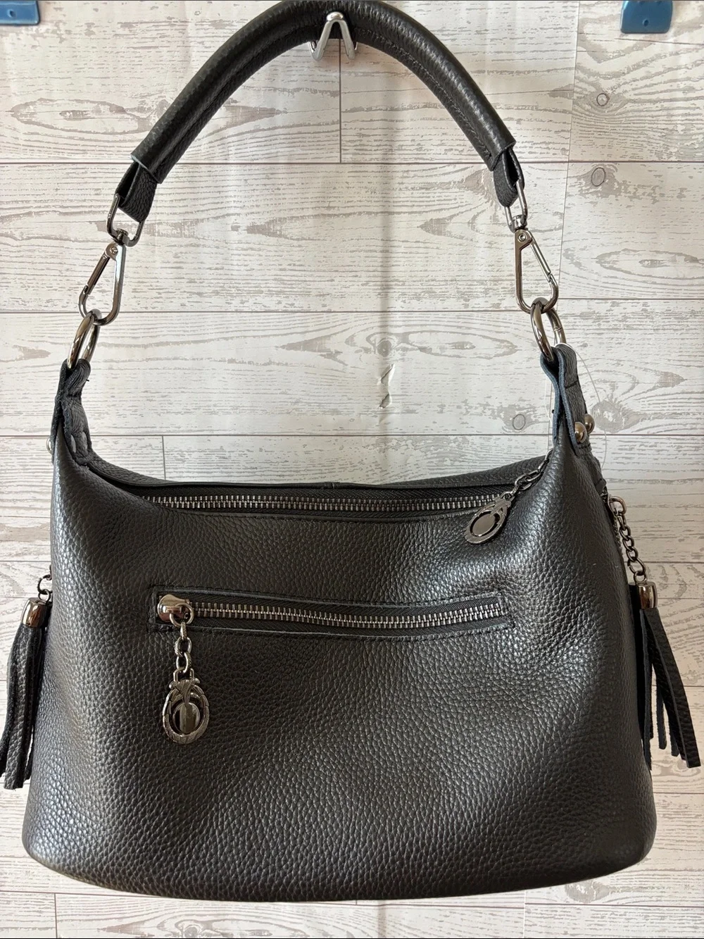 Black Pebbled Leather Tassel Hobo Slouchy Shoulder Bag NWT
